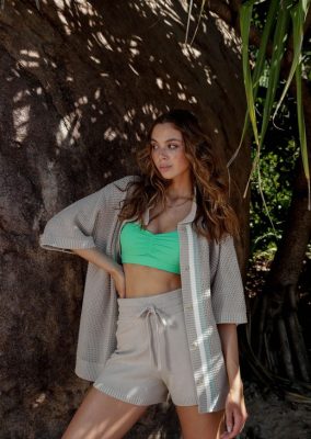 Lorna Jane Frauen Offenes Gewebe -Strickhemd cremefarben Kleidung 4ZTZ42303 Lorna Jane Bra